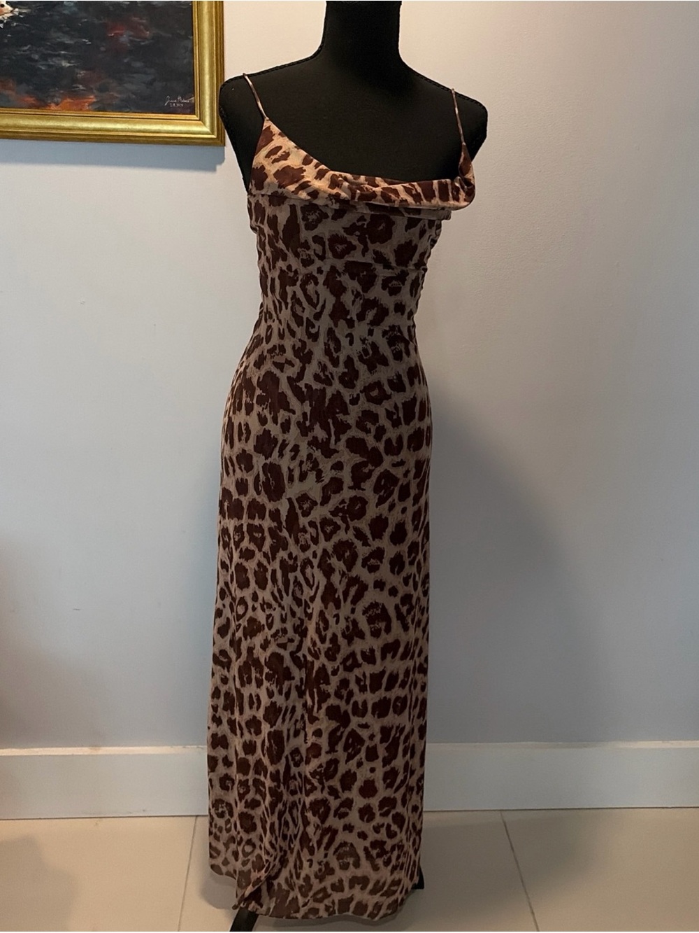 Leopard Cowl Neck Sleeveless Maxi Slip Dress Mob Wife Y2K Animal Print